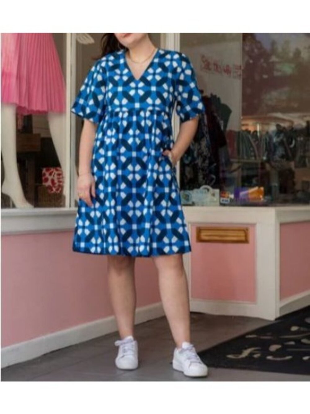 Lesley Evers Cotton Poplin Dress 2X Cara Oversized Sundress Geometric Nautical